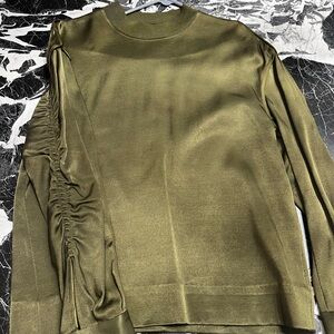 Olive Green Satin Long ruched Sleeve Top